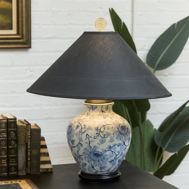 Blue and White Floral Ceramic Table Lamp with Charcoal Shade