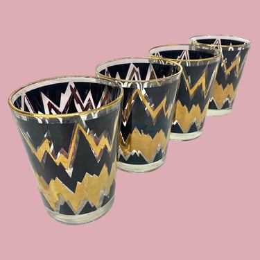 Vintage Whiskey Glasses Retro 1960s Mid Century Modern + Black and Gold + Zig Zag Pattern + Set of 4 + Rocks or Old Fashioned Glasses + Bar 