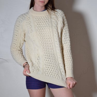 久遠　Fisherman collage knit/White Connery - Cable Knit Wool Pullover Sweater – Lost Horizons CA