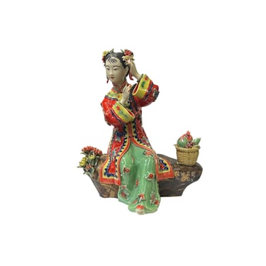 Chinese Porcelain Qing Style Dressing Flower Sitting Basket Lady Figure ws3708E 