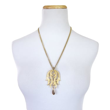 Vintage Lisner Statement Pendant Gold-TonePendant with Dangle Drop, Scroll Shaped Pendant, Etched Gold Finish, Sixties Jewelry, Necklace 
