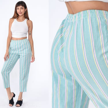 80s Striped Pants Pastel Green Pink Seersucker Elastic Waist Trousers High Waisted Slacks 1980s Tapered Leg Casual Pants Vintage Small 4 