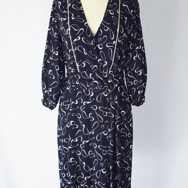 1930s Rayon Day Dress | M/L | Antique/Vintage Navy Blue Dress with Novelty Print, Belt 