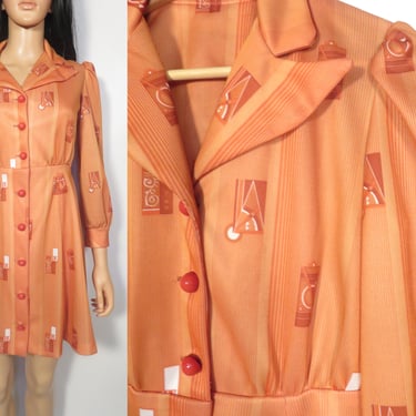 Vintage 70s Abstract Print Terra Cotta Mini Dress With Bubble Buttons Size XS 