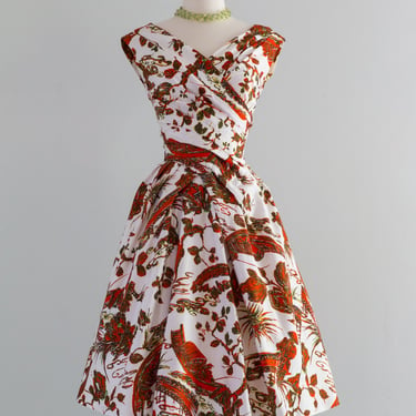 Fabulous 1950's Novelty Print Cotton Dress With Pleated Bodice / SM