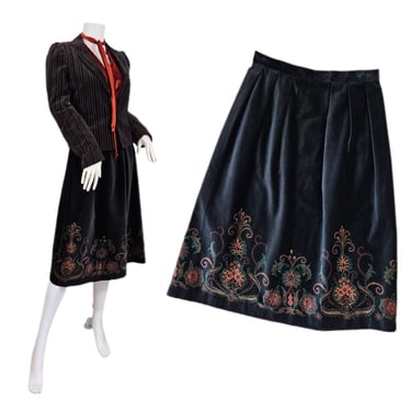 1980's Black Velvet Midi Skirt with Floral Border Print I Sz Med I Pant . Her 