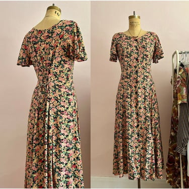 90's Size 4/6 Floral Flutter Sleeve Midi Dress 