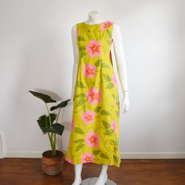 1970s Chartreuse and Hot Pink Hawaiian Dress - S 