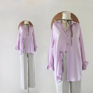 imperfect silk button top - s - vintage 80s 90s purple lilac lavender size small womens blouse long sleeve shirt 