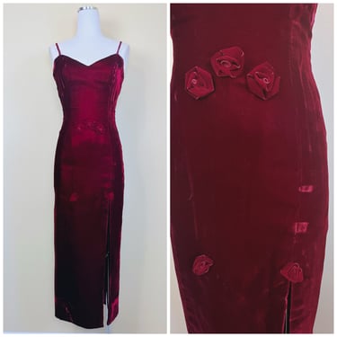 1990s Vintage Maroon Velvet Rosette Gown / 90s Romantic Sweetheart Neck Bombshell Prom Dress / Small 