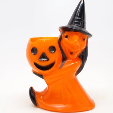 Vintage 1950's Halloween Candy Container, Rosbro Witch Holding a Jack-o-lantern, Antique Retro Decor 