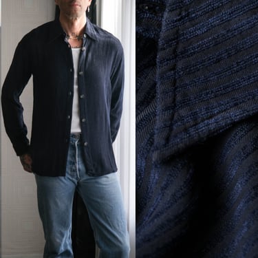 Vintage 90s Giorgio Armani A Milano Borgonuovo 21 Navy Velvet Stripe Button Up Shirt | Made in Italy | 1990s Armani Designer Mens Shirt 