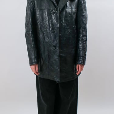 1960s Black Leather Coat with Fur Collar and Sheepskin Lining