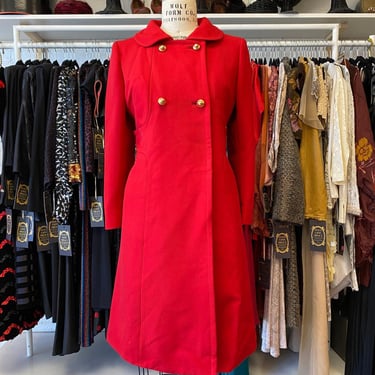 vintage 1960s red wool mod coat, double breasted, med, 60s fashion, empire sash 