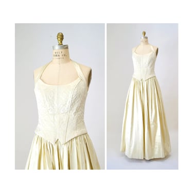 90s Vintage Gold Metallic Dress Ball Gown Halter Neck Small Medium 90s Prom Dress Wedding Dress Gold Metallic Crinoline skirt Princess Dress 