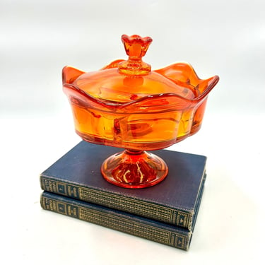 Vintage Viking Glass Persimmon Epic Line, Scalloped,  3-part Divided Candy Dish with Lid, Pedestal Compote Dish, Orange Glassware 