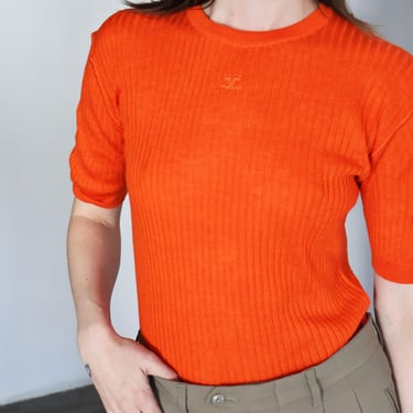 Vintage 1970s COURREGES Paris Knit Orange Turtleneck with Center Logo Neon Top Stretch Rib Made in Paris S M L 