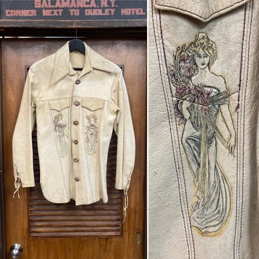 Vintage 1960’s “East West” Art Nouveau Painted Women Hippie Glam Leather Jacket, Rare Original, 60’s Vintage Clothing 