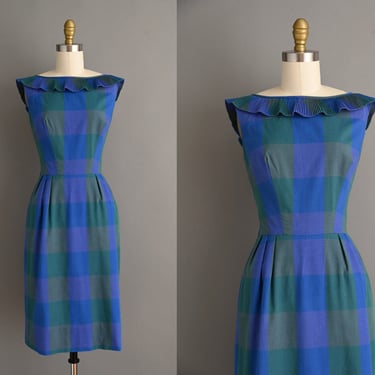 vintage 1950s Dress | Blue & Green Plaid Print Cotton Wiggle Day Dress | XS Small 