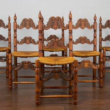 Antique Spanish Country Style Carved Ladder Back Maple Rush Dining Chairs - Set of 6 