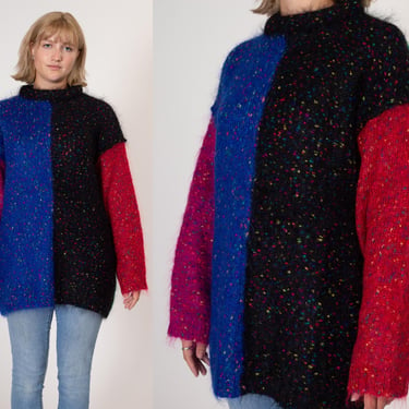 Large 90s Mohair Color Block Sweater | Vintage Fuzzy Knit Flecked Long Oversize Sweater 