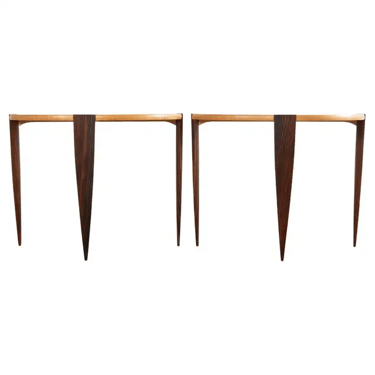 Pair of Post Modern Ebony and Birch Demilune Console Tables