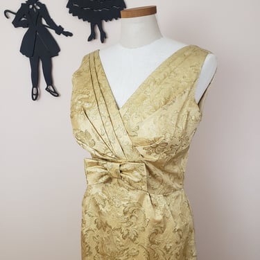 Vintage 1950's Gold Cocktail Dress/ 60s Metallic Brocade Lurex Bombshell Dress L 