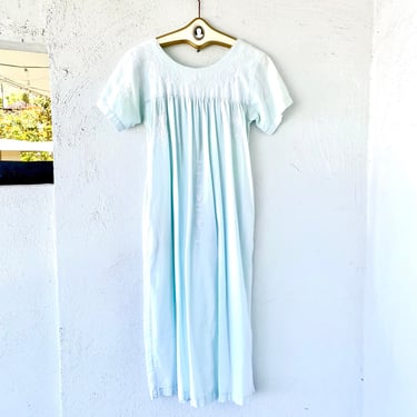 Vintage 70s 80s Embroidered Hawaiian Muumuu Peasant Mexican Caftan Shift Baby Blue Dress 