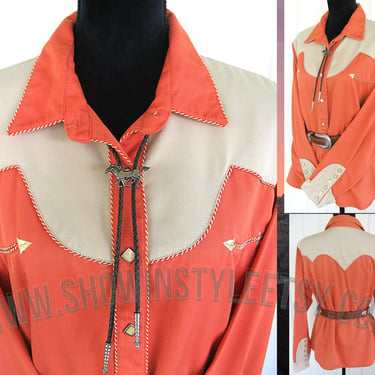 Vintage Retro Women's Cowgirl Western Shirt by Panhandle Sliim, Rodeo Blouse, Light Orange and Beige, Tag Size XLarge (see meas. photo) 