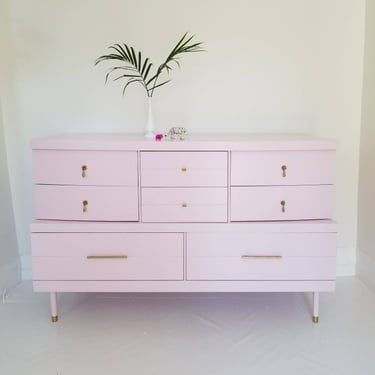 Sold#Hollywood mid century dresser credenza, #kylie,#ritahayworth,millennial pink, blush, Hollywood regency, painted furniture nj nyc 