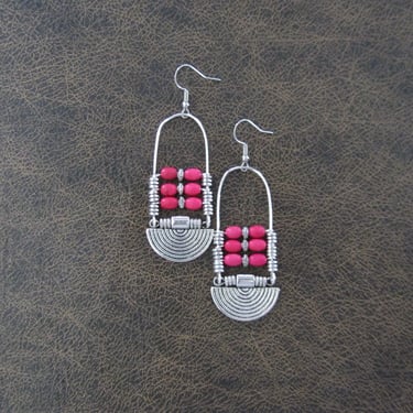 Pink magnesite stone and silver ethnic statement earrings 