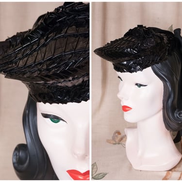 1940s Hat - Glossy Vintage 40s Pleated Cellophane Tilt Hat with Magnificent Bow Blossom Hats, New York Creation 
