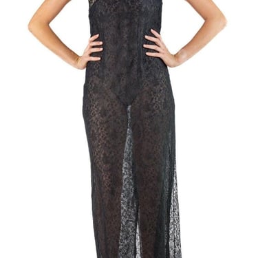 2000S Christian Lacroix Black Sheer Chantilly Lace Gown 