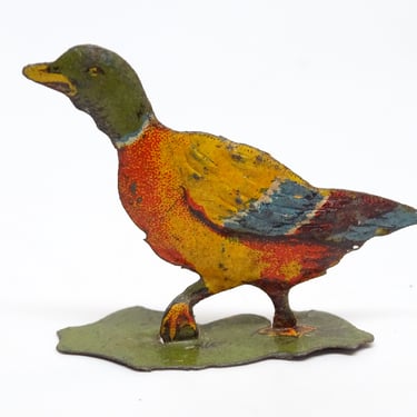 Antique German Pressed Tin Duck, Vintage Stand Up Farm Toy for Christmas Putz or Nativity 