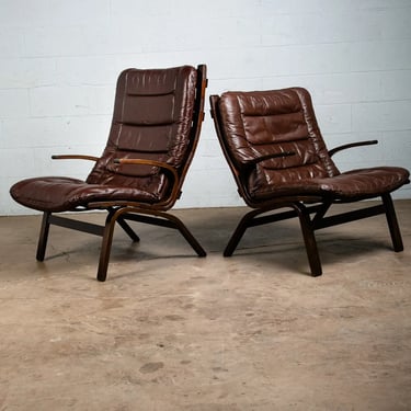 Mid Century Danish Modern Lounge Chairs Brown Leather Ingmar Relling Arms Mcm