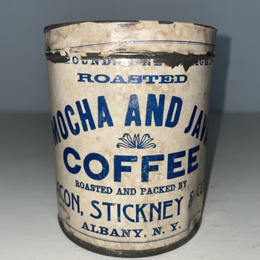 Eagle Brand Mocha Java Coffee Tin, Paper Label Bacon Stickney & Co Albany NY advertisement tin, Vinatge collectible tins, coffee can 