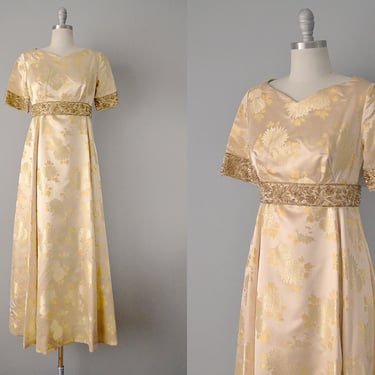 60s Dress // 1960’s Gold Silk Brocade Evening Gown w/ Heavy Beadwork // S 