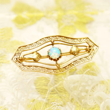 Antique 14K Gold Filigree Opal Bar Pin, Ornate Yellow Gold Wire Brooch, Iridescent Opal Cabochon, Floral Embellishments, 585 Jewelry, 40mm 