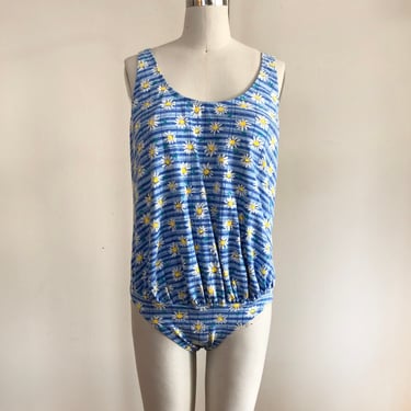 Blue Daisy Print Swimsuit/Bodysuit with Drop-Waist - 1980s 