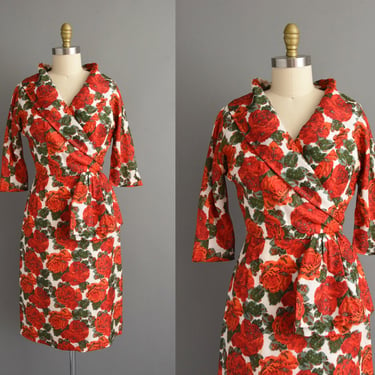 vintage 1950s dress | Red Rose Print Cocktail Dress | Small | 