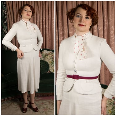 1950s Suit Set - Crisp Vintage 50s Summer Linen Suit with Detachable Rose Ascot Style Scarf 