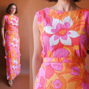 Vintage 70s Barkcloth Floral Tiki Dress/ 1970s Hawaiian Maxi Dress/ Size Medium 