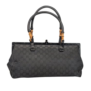 Gucci - Black Monogram Bamboo Trim Handle Shoulder Bag