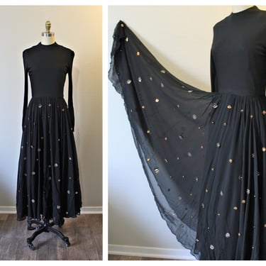 Vintage 60s 70s Unique Black crepe Chiffon Evening Gown Large Metallic Disc Sequin Copper Silver Bead Hollywood Glamour Maxi Dress 