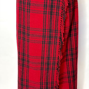Vintage Wool Plaid Wrap Skirt, Fringe Accent 