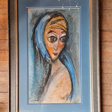 mid century chalk pastel original drawing of woman 1965 signed Ferrara 