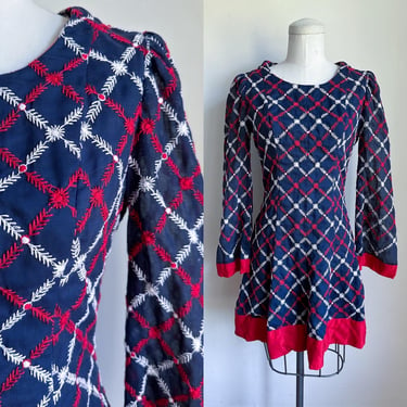 Vintage 1960s Navy Red & White Sheer Check Mini Dress / XS 