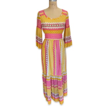 Vintage 70s Yellow Pink Gingham Maxi Dress