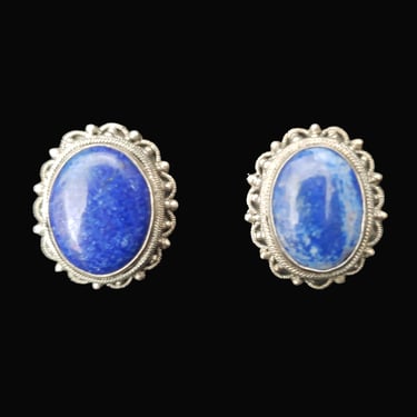 1950s Lapis Lazuli and Silver Screw Back Earrings | 50s Vintage Silver Filigree and Blue Oval Cabochon Earrings 