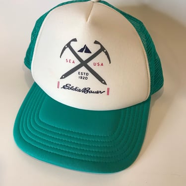Vintage Eddie Bauer Trucker Hat Sea USA Mesh Hipster Hat Teal Green and White Snap back One Size Snapback 